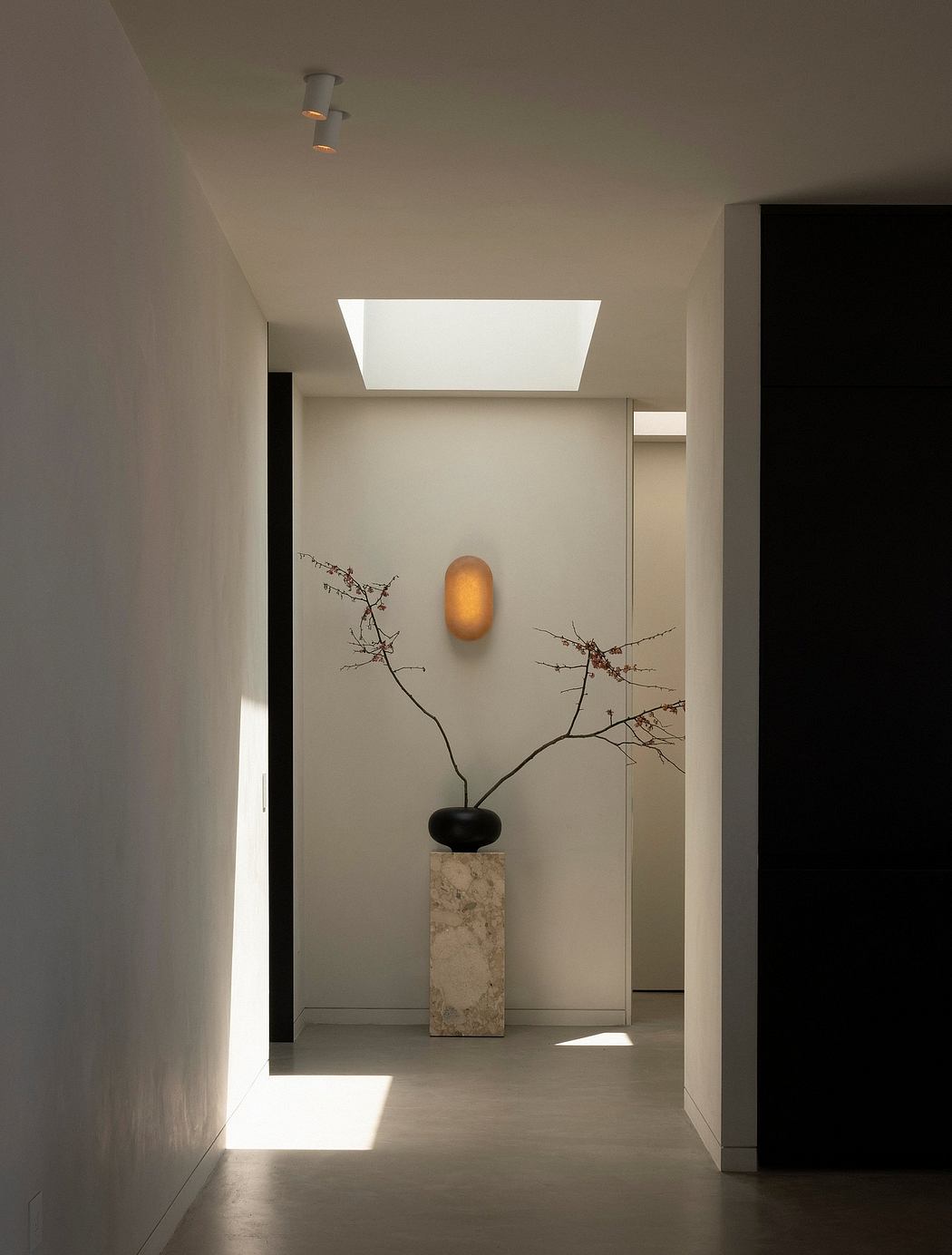 A minimalist, well-lit entryway with a sculptural branch arrangement and marble pedestal.