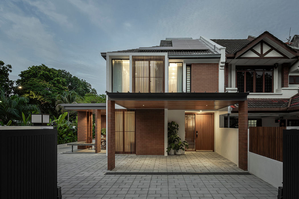 Contemporary brick and timber residence with covered porch and decorative screens.