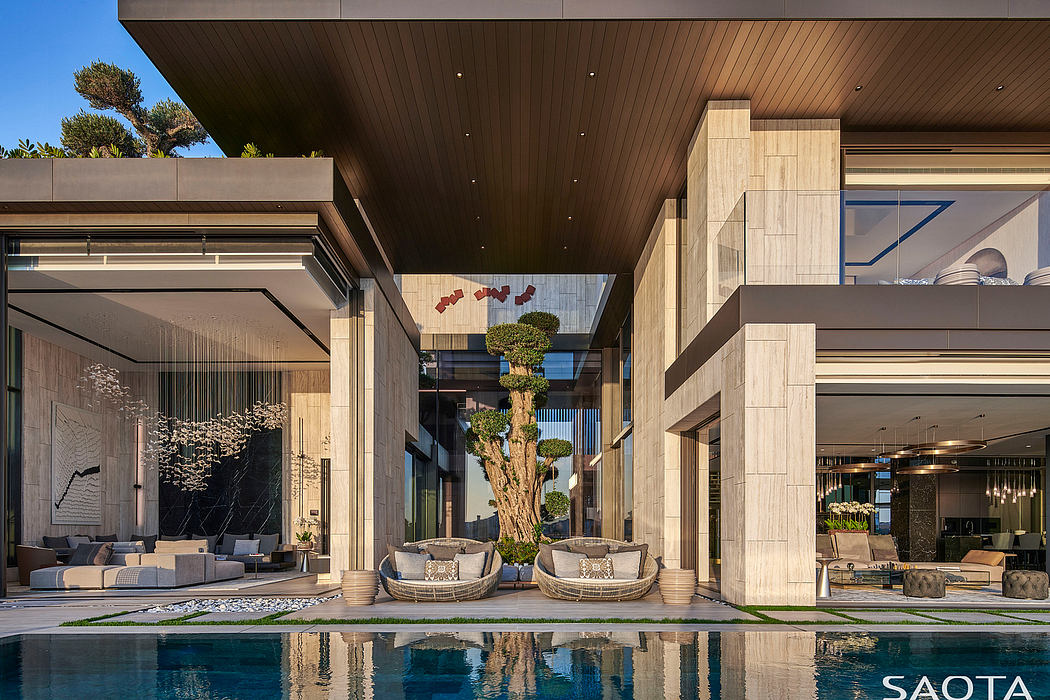 Stunning modern architecture with sleek lines, natural materials, and a serene pool.