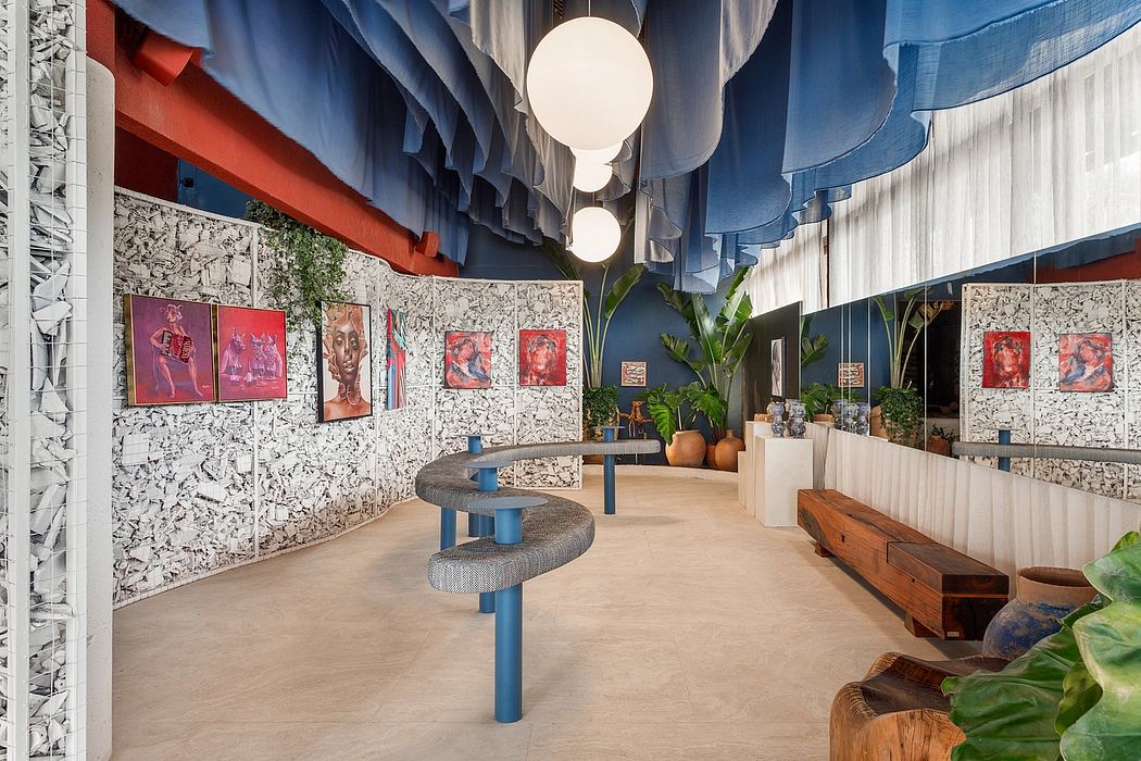 Vibrant colors, geometric shapes, and natural elements create a modern, eclectic space.