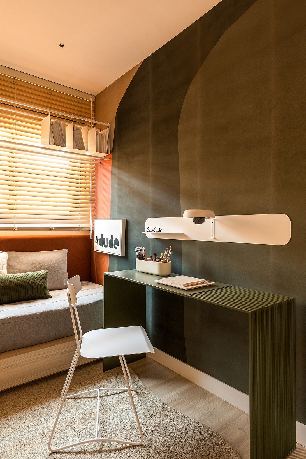 Cozy room with sleek furniture, warm lighting, and textured walls creating a modern aesthetic.