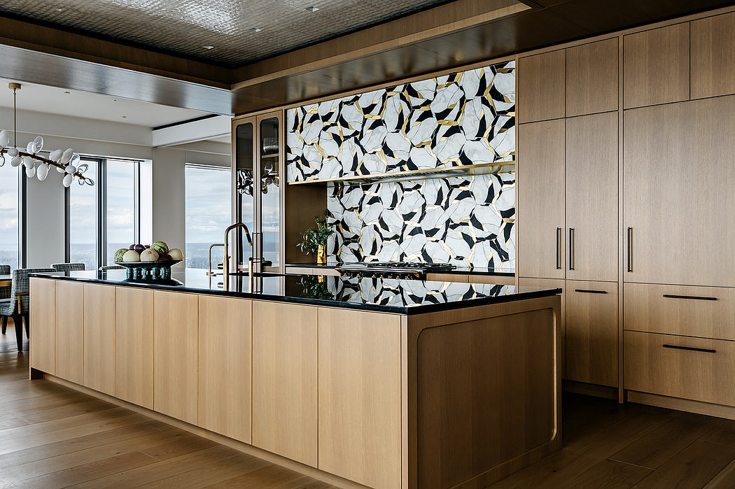 A sleek, modern kitchen with a striking patterned backsplash and ample wooden cabinetry.