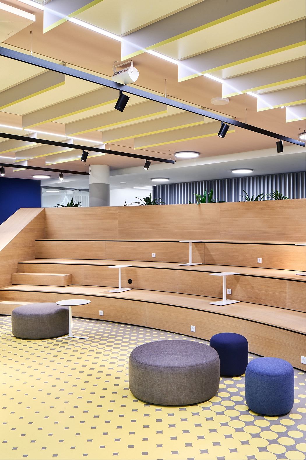 Sleek, modern office space with wooden furnishings, vibrant lighting, and patterned floor tiles.