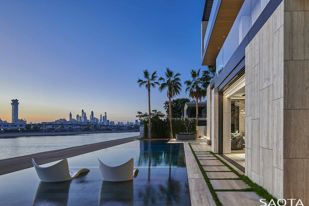 Stunning architectural design with a serene pool, palm trees, and a backdrop of a cityscape.