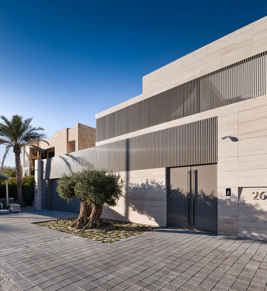 Minimalist architecture with sleek lines, concrete panels, and an ancient olive tree.