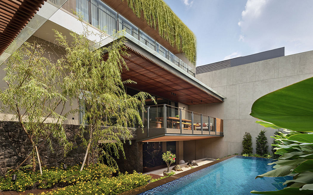 Modern architectural design with a lush garden and swimming pool, showcasing glass walls, wood paneling, and greenery.