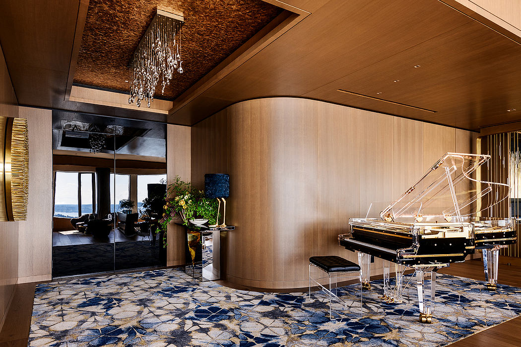 Opulent interior with a grand piano, crystal chandelier, and patterned tile flooring.