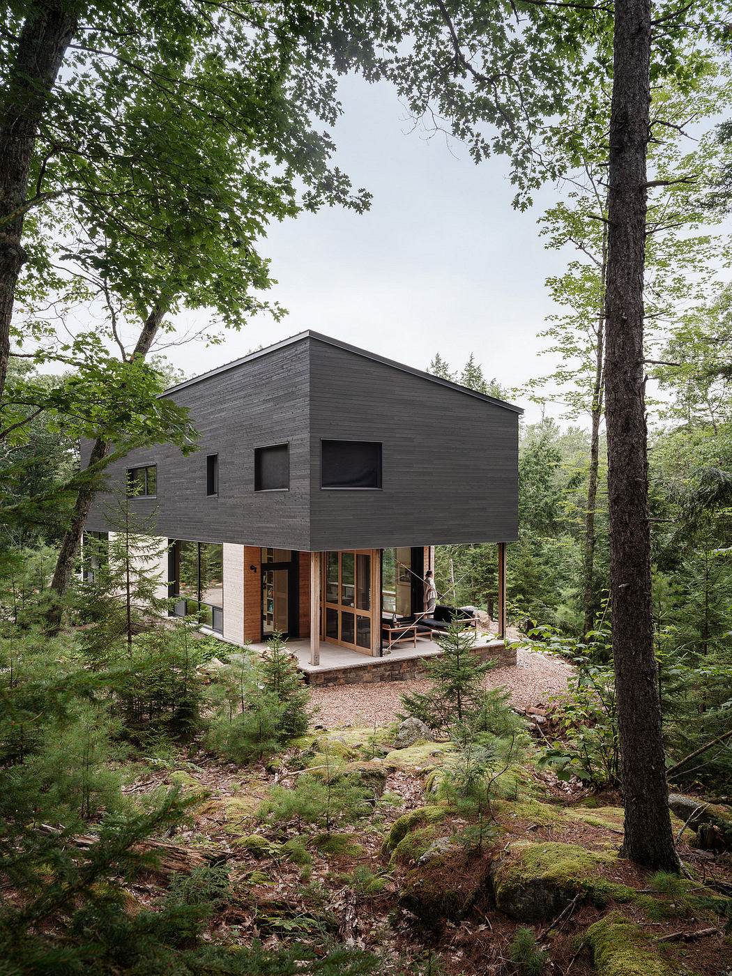 A modern, minimalist cabin nestled in a lush forest, with large windows and a wooden deck.