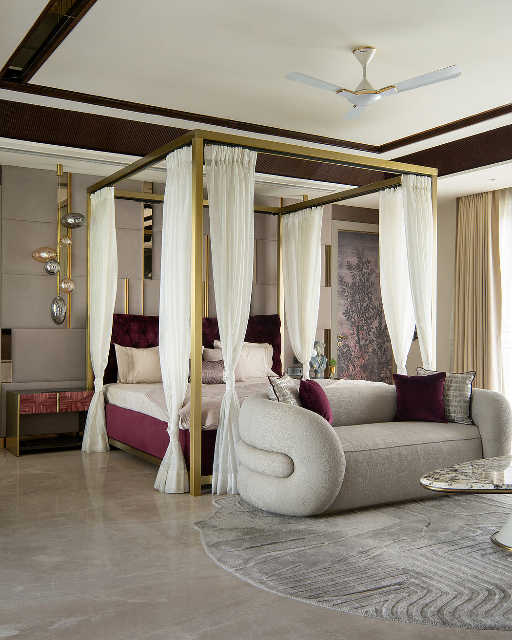 Luxurious bedroom with canopy bed, white curtains, and marble flooring. Stylish furnishings.