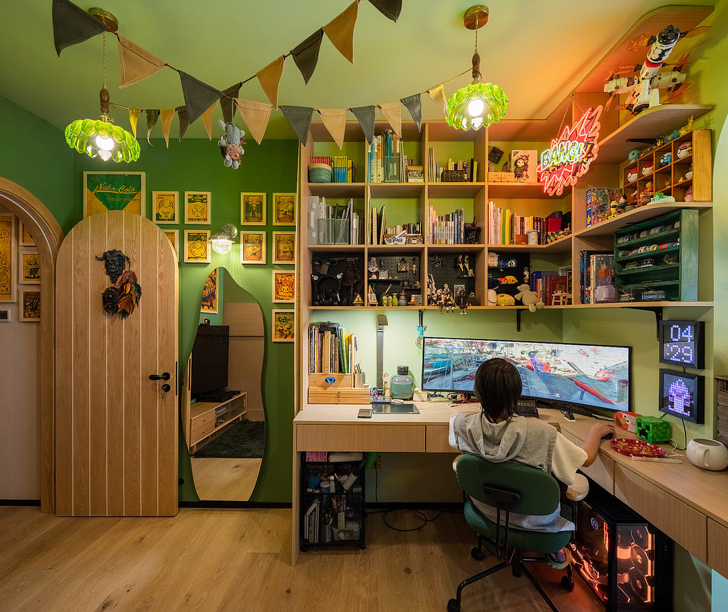 A vibrant, eclectic gaming space with colorful decor, shelves, and a large display.