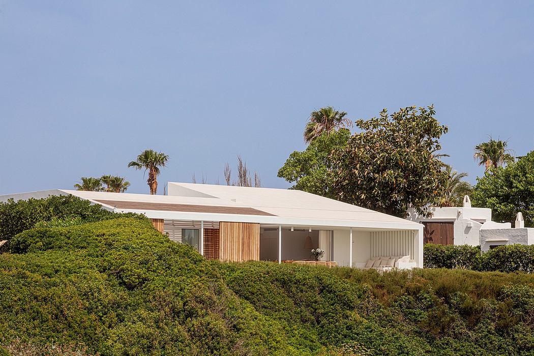 Modern white house with wooden accents, nestled in lush greenery and palm trees.