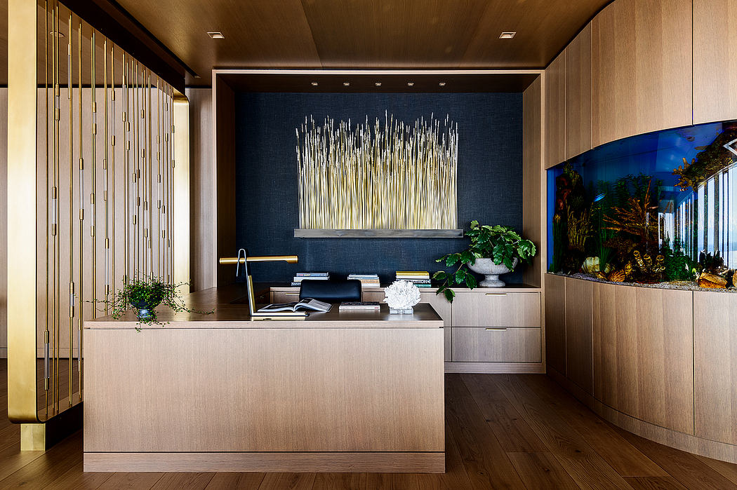 Sleek, modern reception desk with abstract artwork and nature-inspired decor.