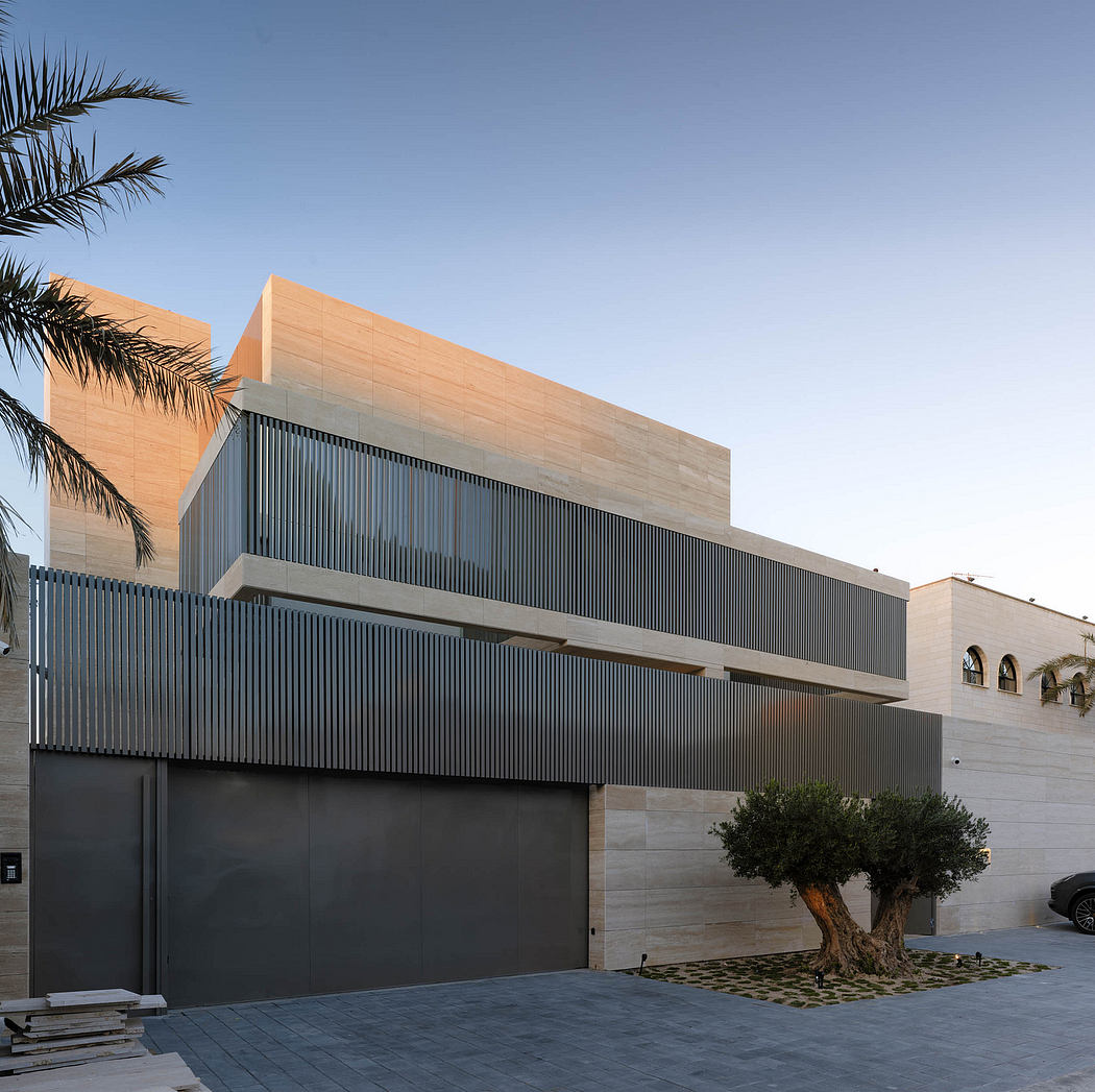 A modern, angular building with a striking facade of vertical metal slats and warm wood panels.