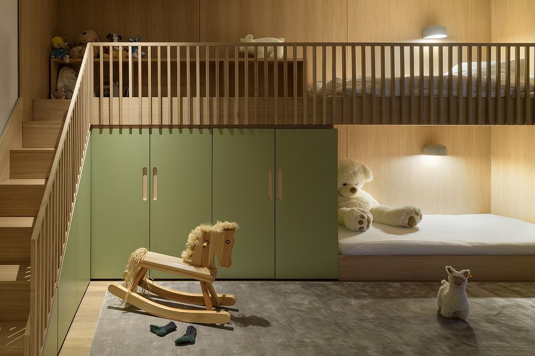 A cozy nursery with a wooden crib, built-in storage, and a rocking horse on a plush rug.