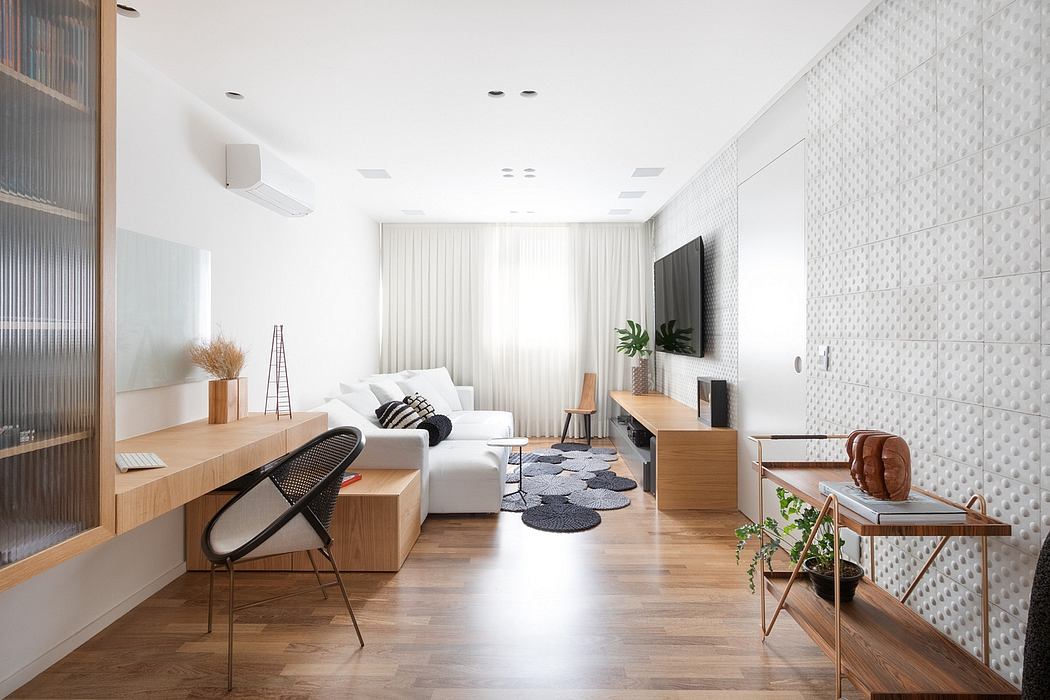 Modern, minimalist living room with sleek furniture, wood accents, and a patterned accent wall.