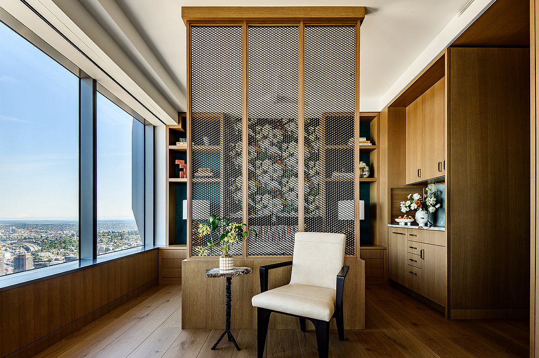 Elegant modern interior with wooden accents, floor-to-ceiling windows, and a decorative screen.