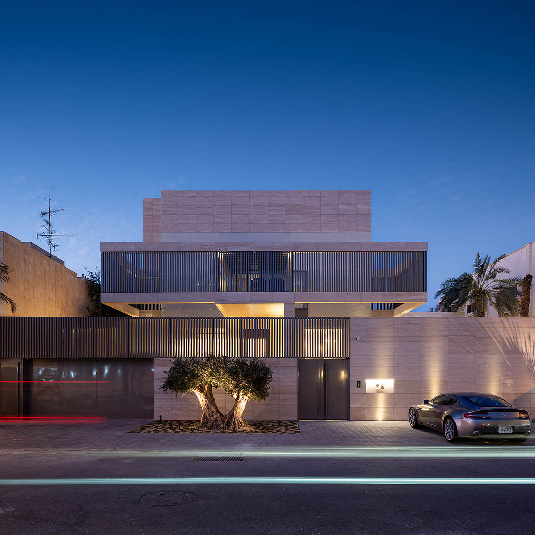 Modern exterior with angular facade, recessed balconies, and an olive tree in the foreground.