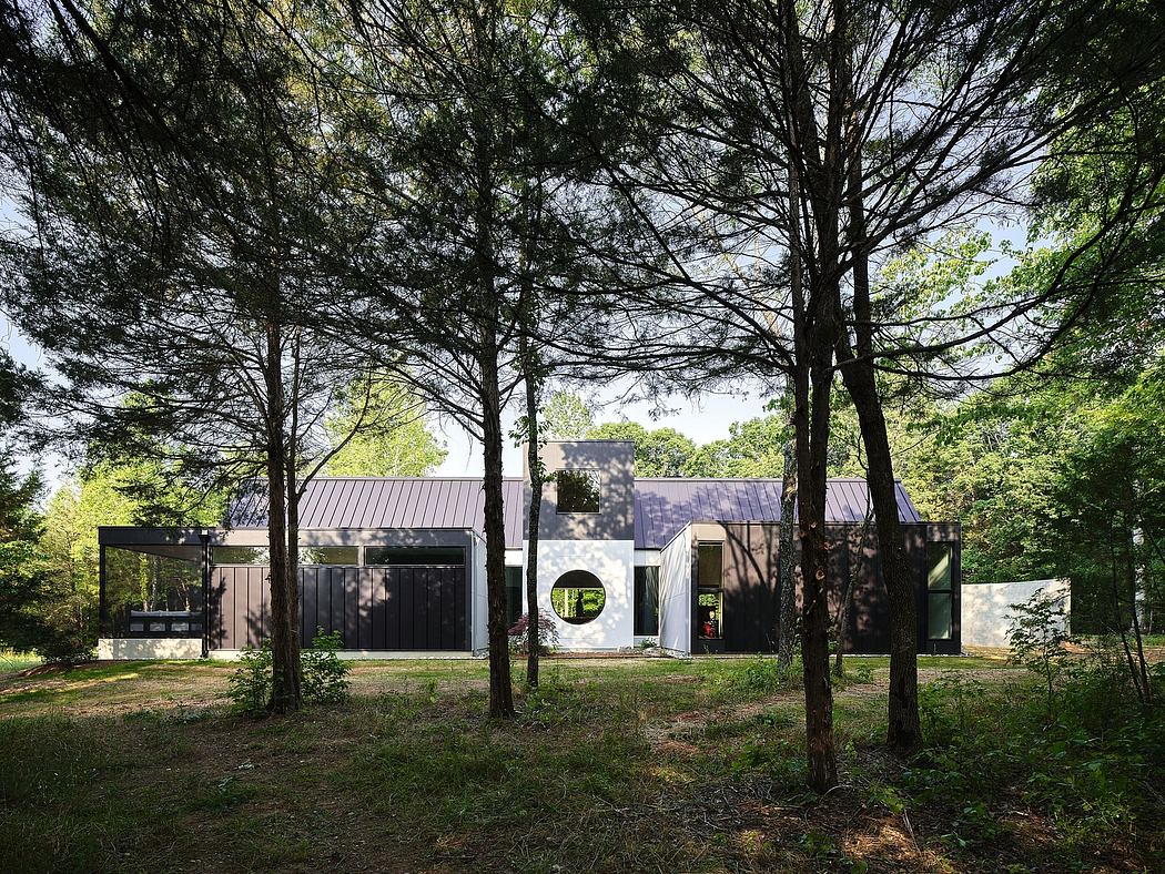 A modern, monochromatic residential building nestled in a lush, wooded setting.