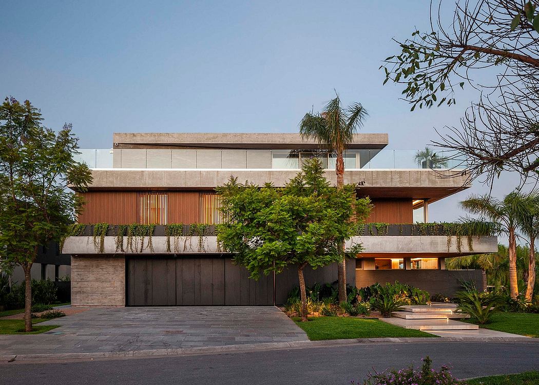 Striking modern architecture with wooden facade, palm trees, and lush landscaping.