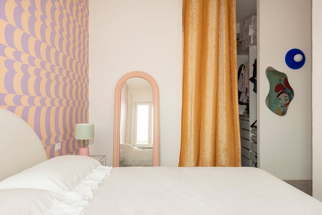 Vibrant colors, curved mirrors, and eclectic decor create a visually engaging bedroom.