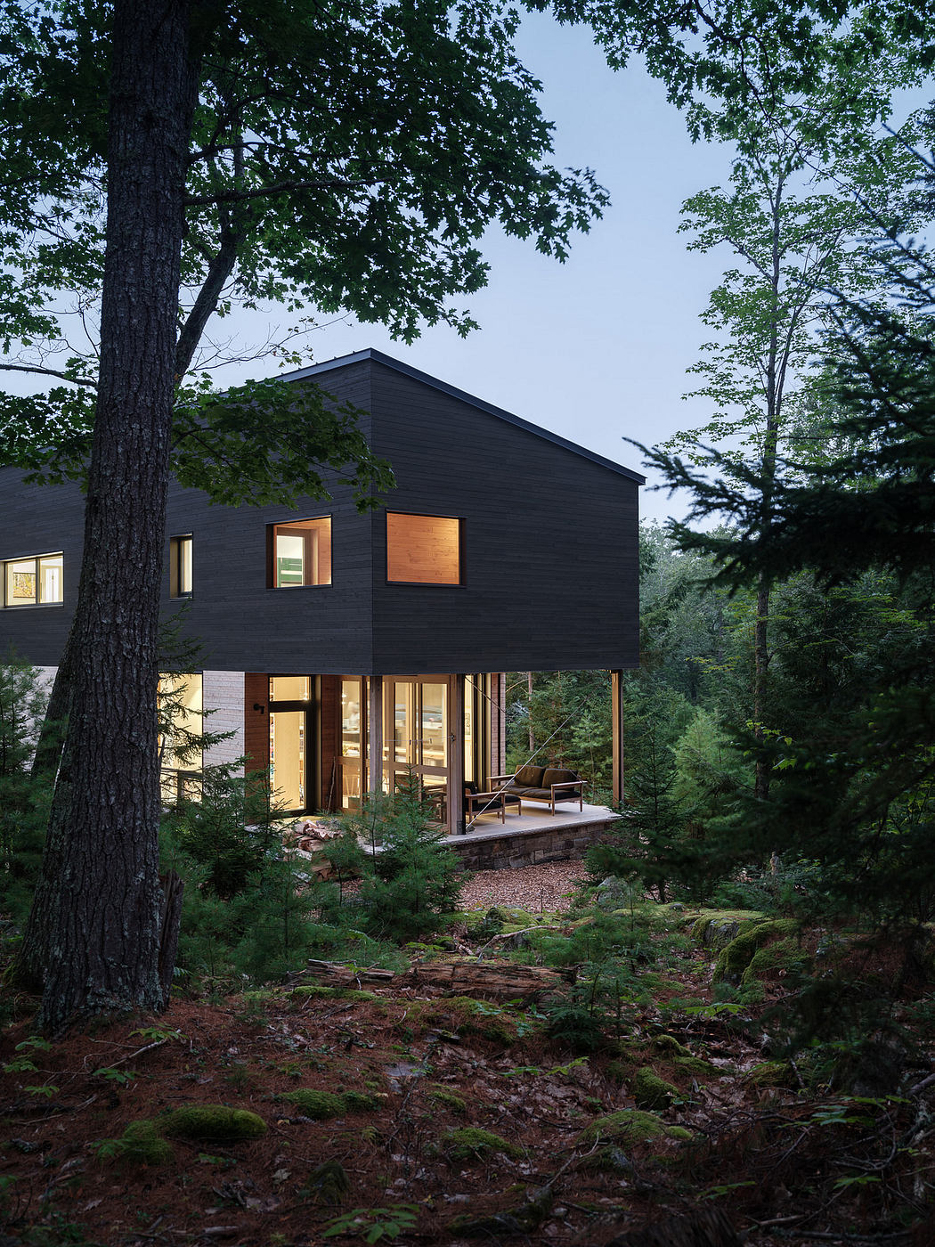 A modern two-story cabin nestled in a lush forested setting, with large windows and natural wood accents.