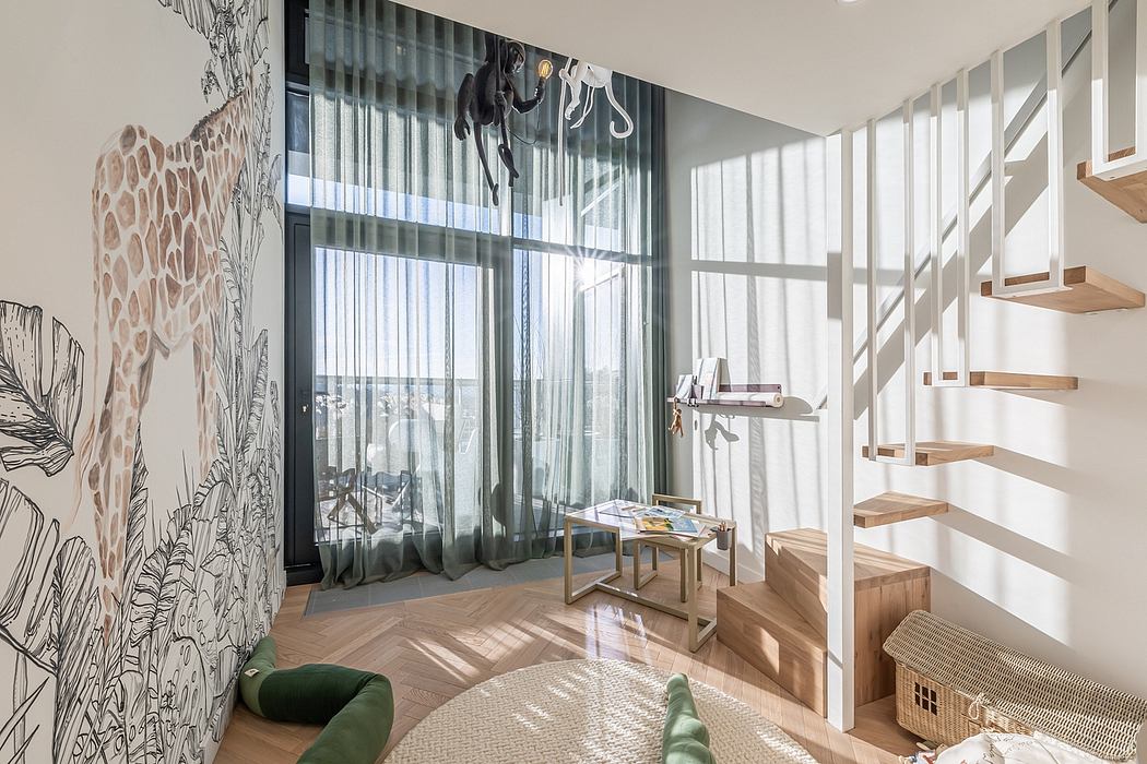 Spacious modern room with large windows, textured wall mural, and open staircase design.