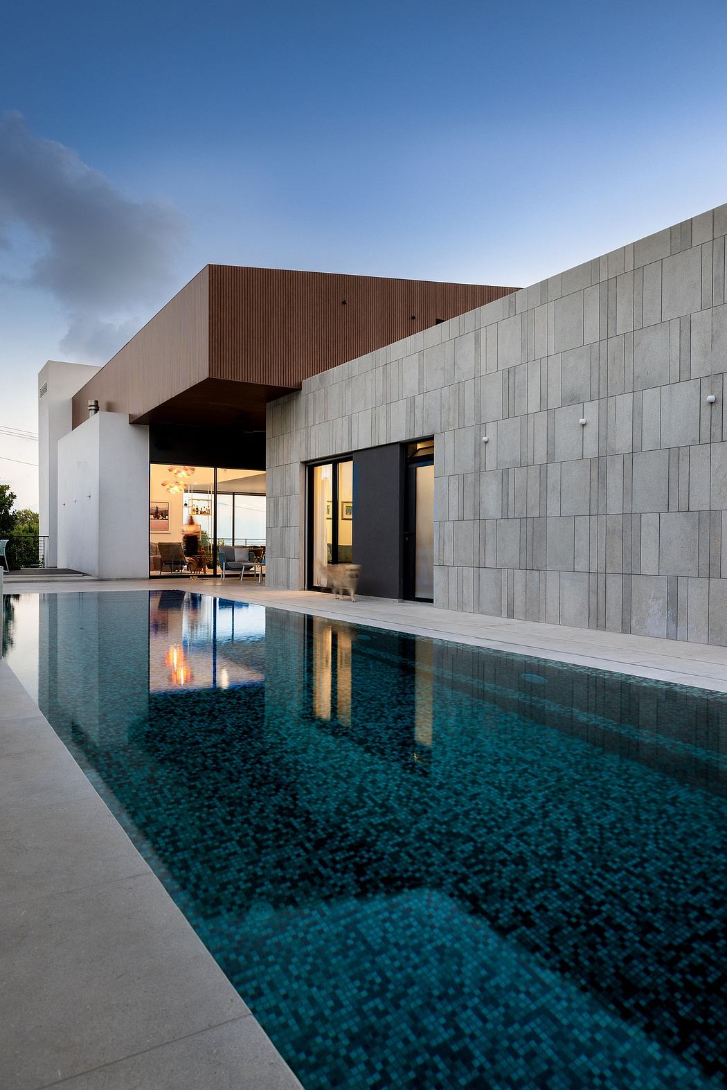 Modern architectural design with sleek concrete and wood facade, reflecting pool.