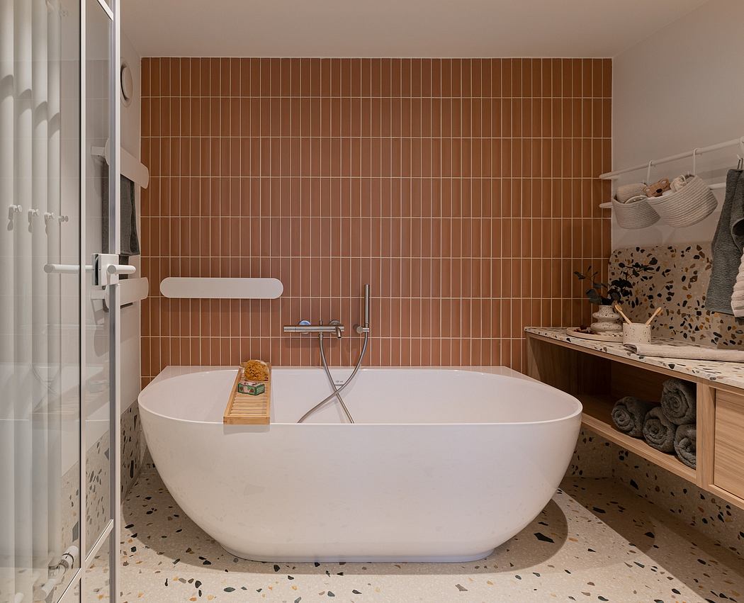 A modern bathroom with a freestanding bathtub, tiled walls, and a wooden vanity.