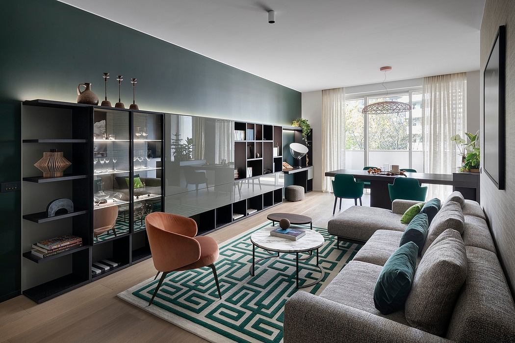 Cozy modern living room with sleek built-in shelving, plush sofa, and geometric rug.