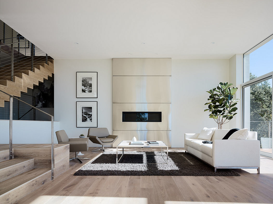 Minimalist living room with sleek furniture, hardwood flooring, and a fireplace feature.