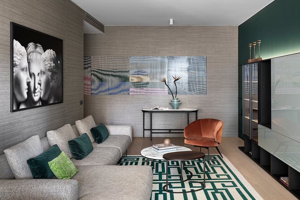 Contemporary living room with textured walls, geometric rug, and mix of modern furniture.