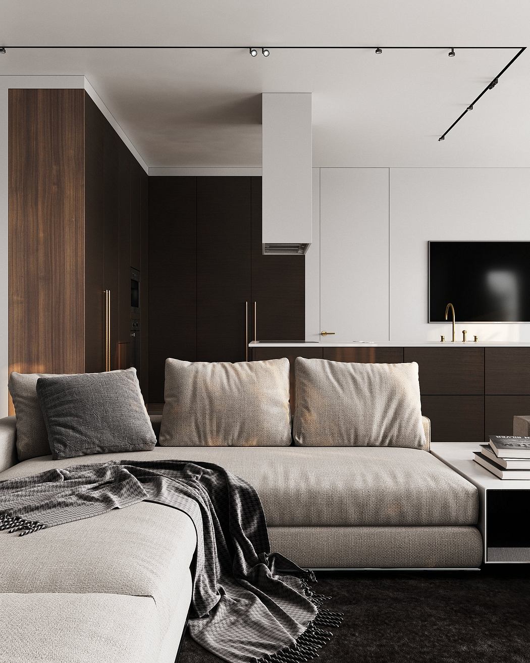 Sleek, modern living room with minimalist furniture, warm wood tones, and recessed lighting.