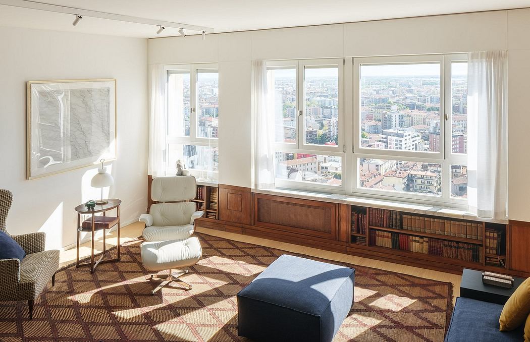 Elegant modern living room with panoramic city views and a warm, inviting design.