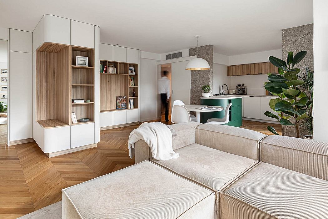 Stylish open-concept living space with modern furniture and wood accents.