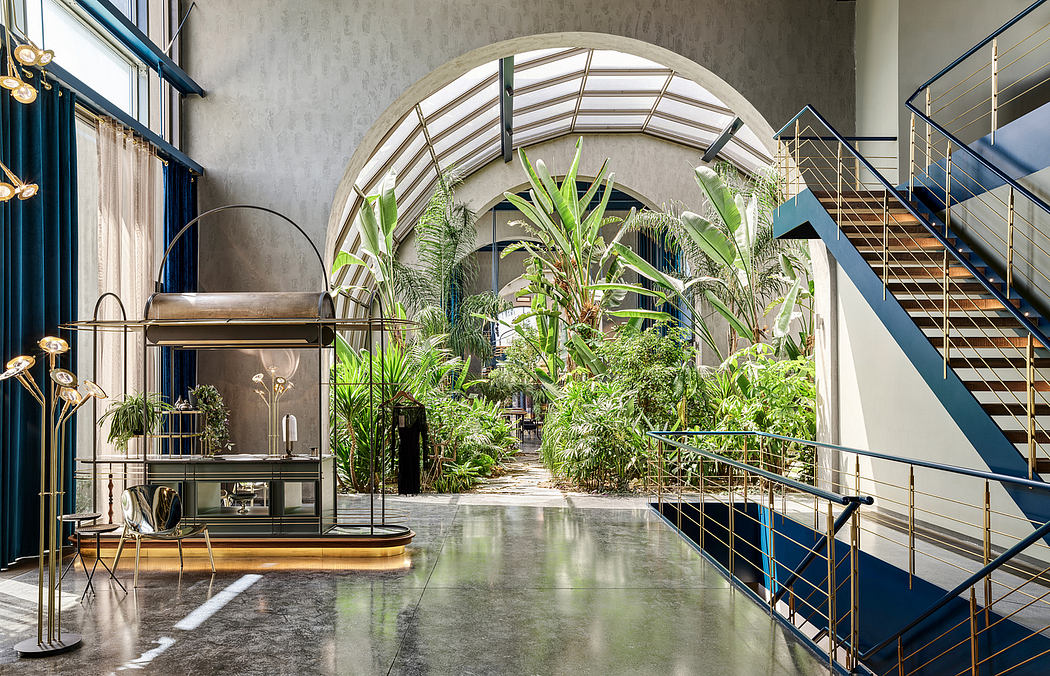 Striking architectural features include the arched windows, lush greenery, and modern steel staircases.