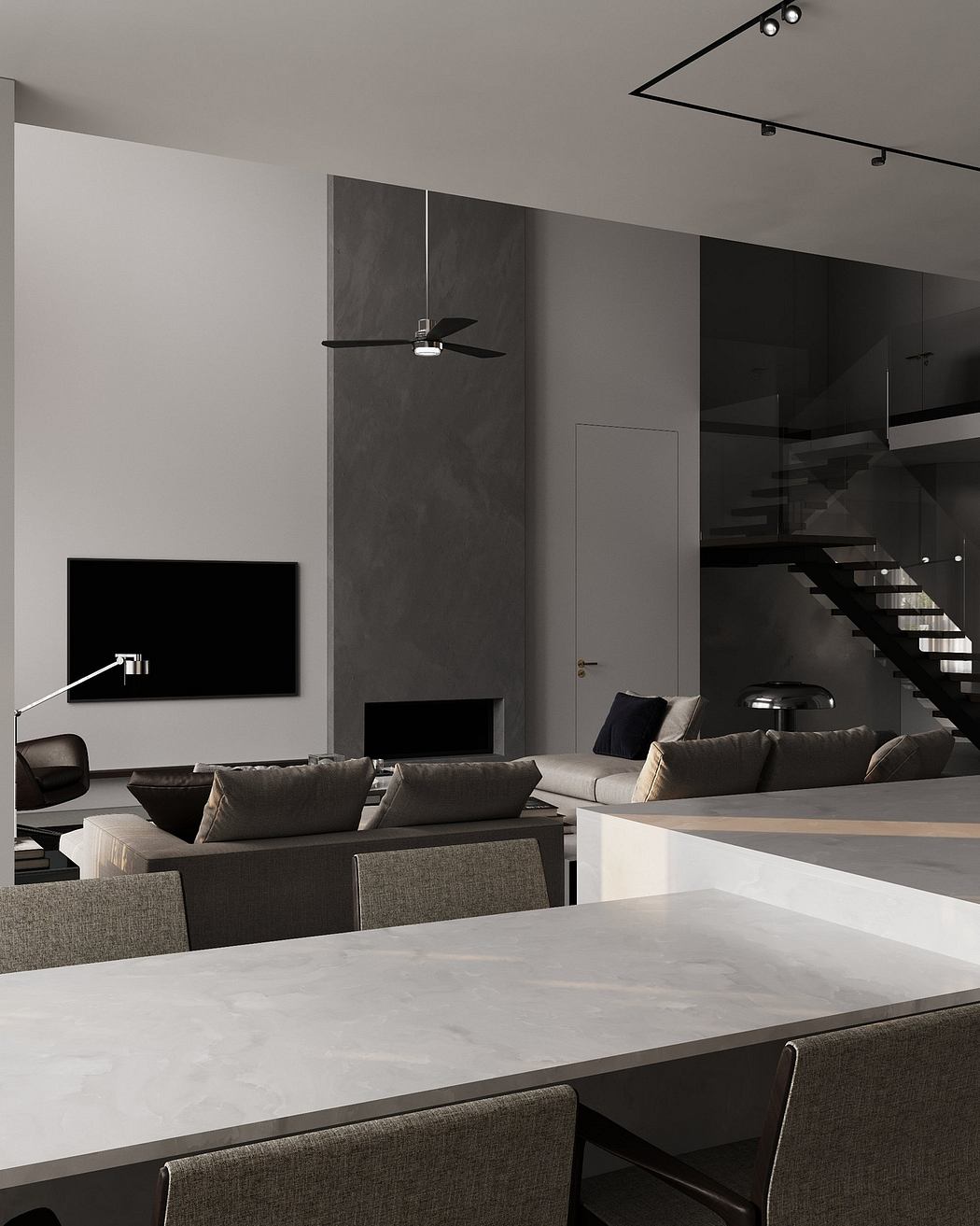 A modern, minimalist living space with sleek furniture, a large TV, and a striking staircase.