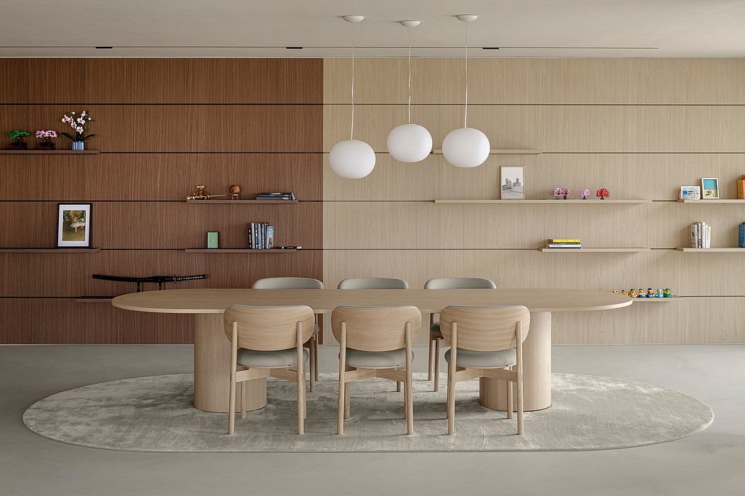 Minimalist dining room with wooden panels, floating shelves, and pendant lighting.