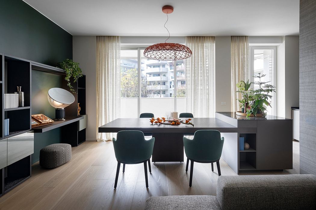 Sleek, modern dining area with large windows, pendant lighting, and minimalist furnishings.