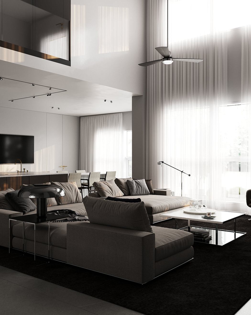 Sleek, minimalist living space with clean lines, large sofa, and modern lighting fixtures.