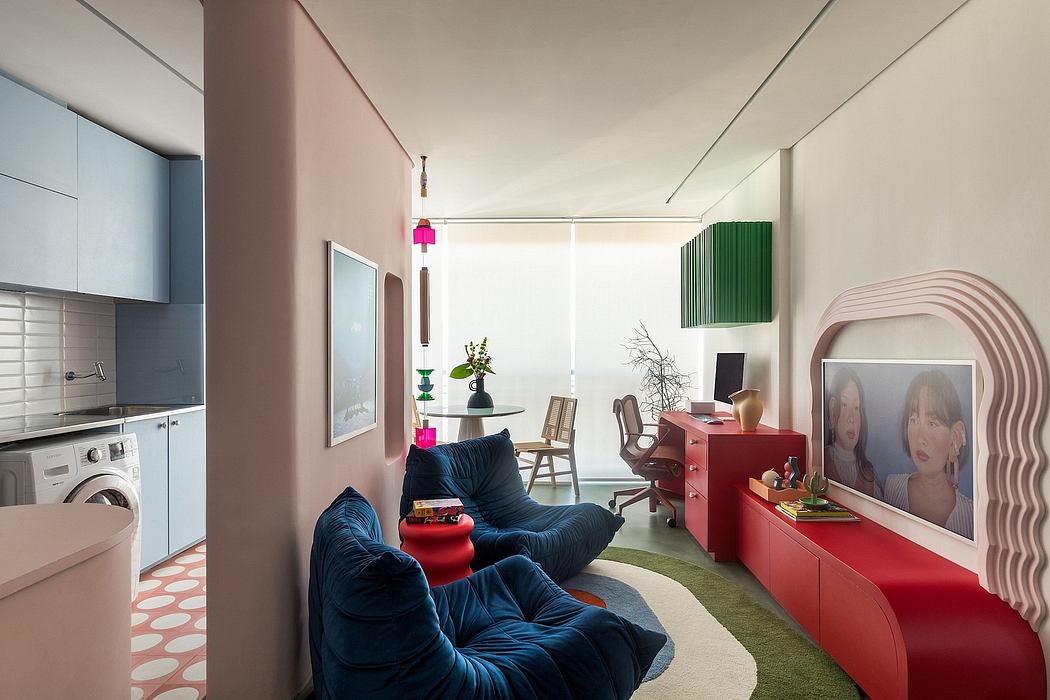 Vibrant, modern apartment featuring bold colors, eclectic furnishings, and architectural elements.
