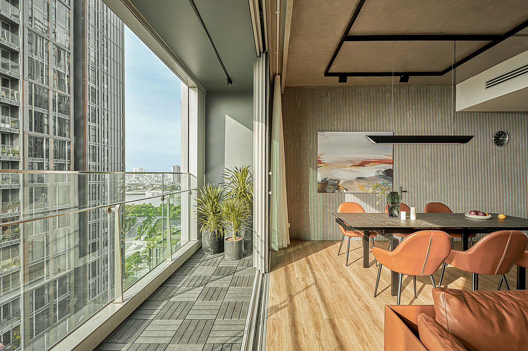 Modern apartment with floor-to-ceiling windows, wooden floors, and warm-toned furnishings.