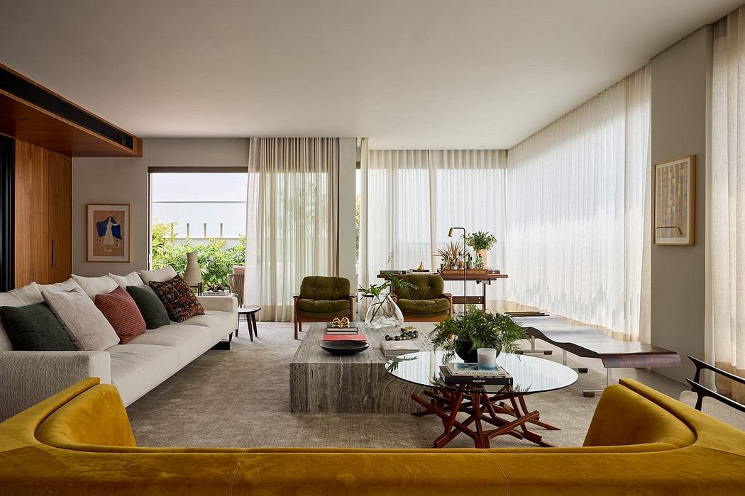 Minimalist and modern living room with earthy tones, comfortable seating, and natural decor.