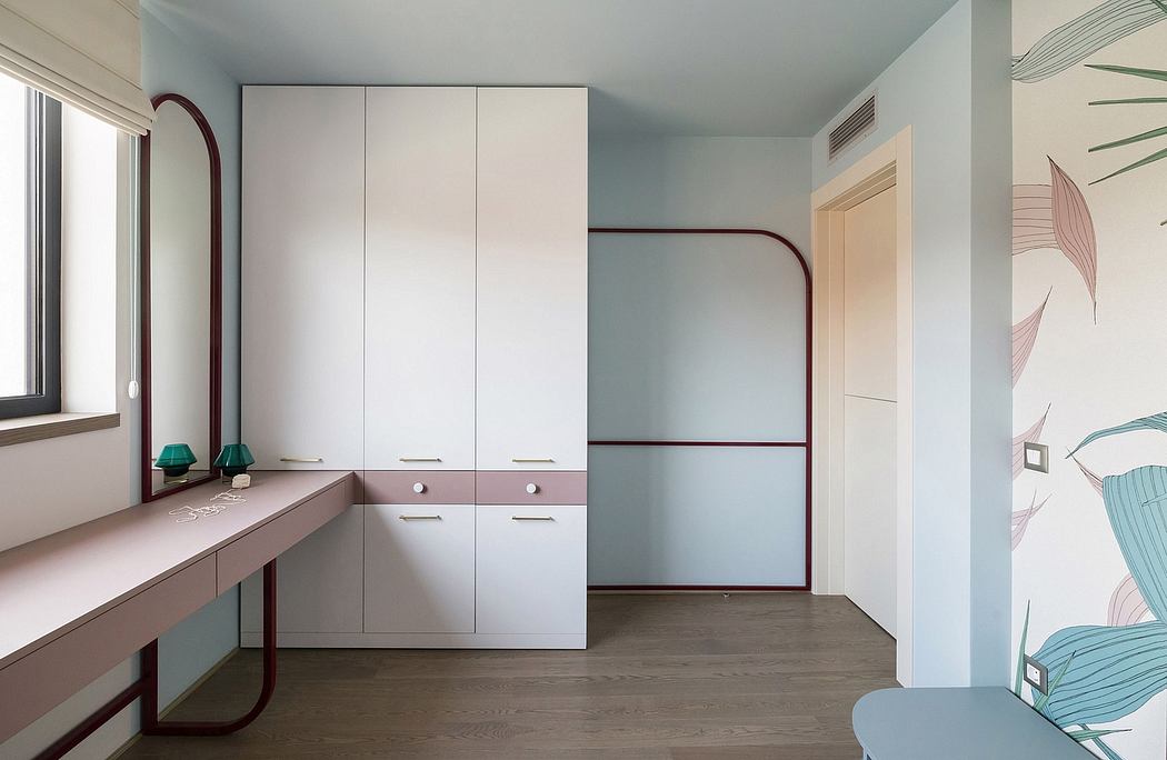 Sleek, modern interior design with minimalist furniture, built-in storage, and botanical accents.