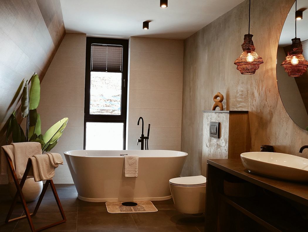 Rustic, earthy bathroom with freestanding tub, wood-accented walls, and pendant lighting.