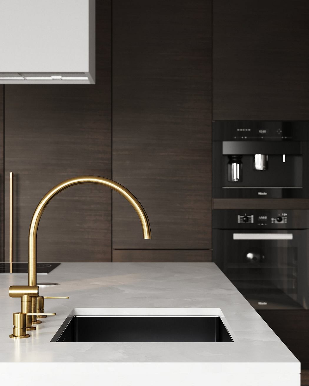 Sleek modern kitchen with golden faucet, dark wooden cabinets, and built-in appliances.