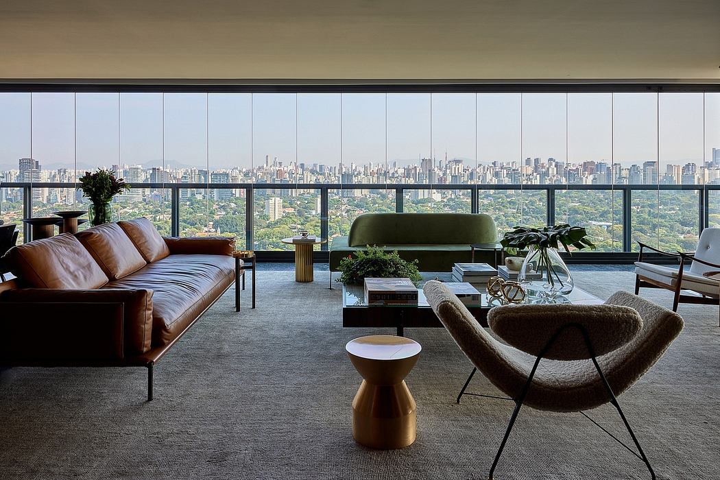 Modern luxury apartment with panoramic city skyline views, plush furnishings, and contemporary decor.