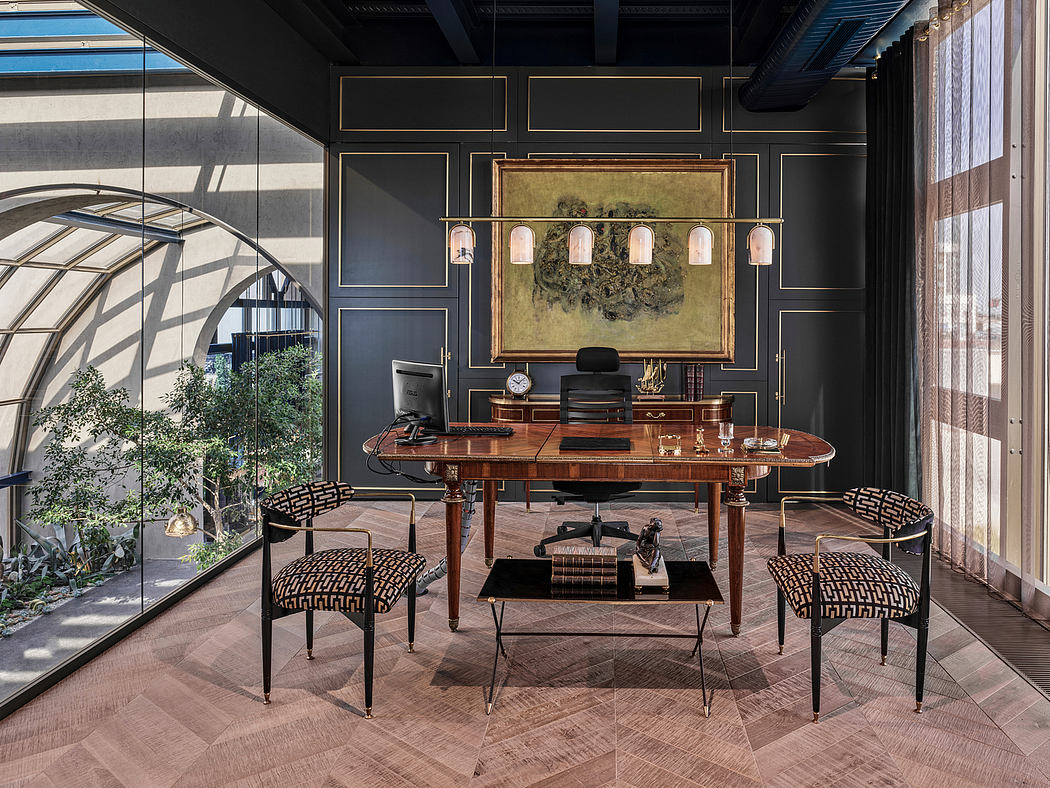 Elegant office with ornate wooden furniture, intricate lighting, and architectural details.