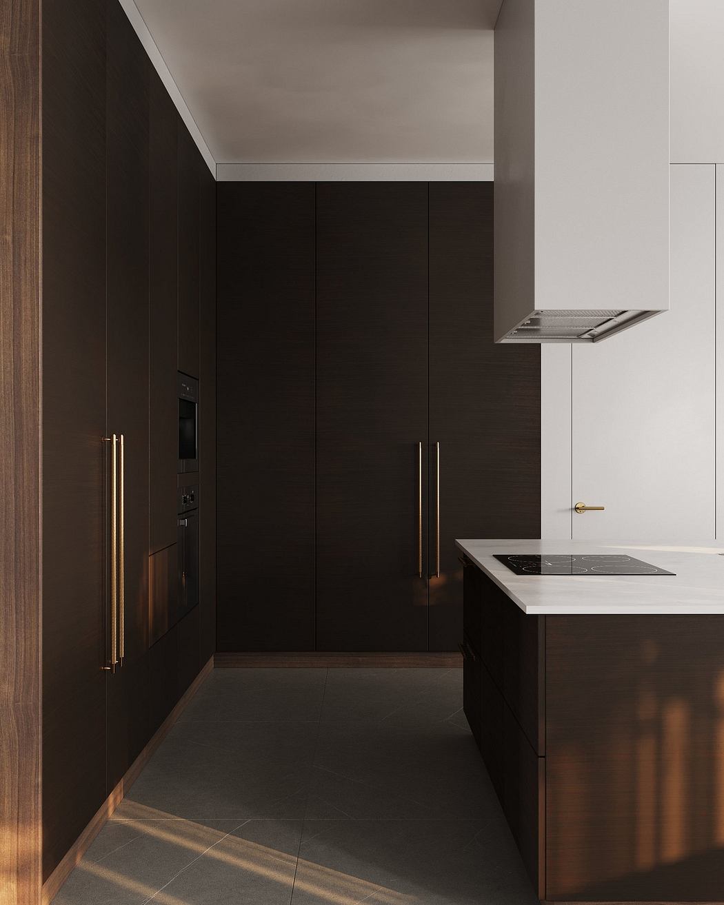 Sleek, contemporary kitchen space with dark cabinetry, marble countertops, and recessed lighting.