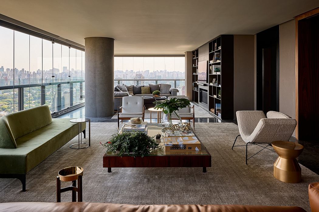 Expansive living room with floor-to-ceiling windows, contemporary furniture, and city skyline.
