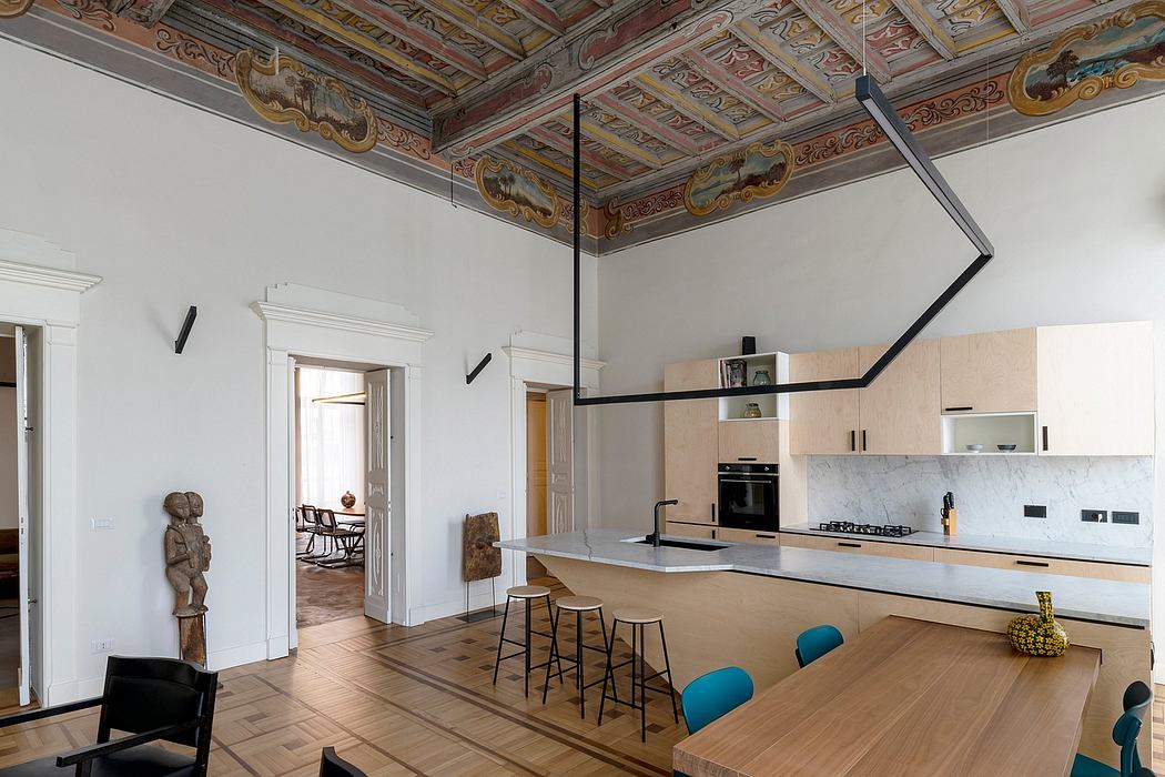 Striking blend of historic architectural elements and modern design in this interior.